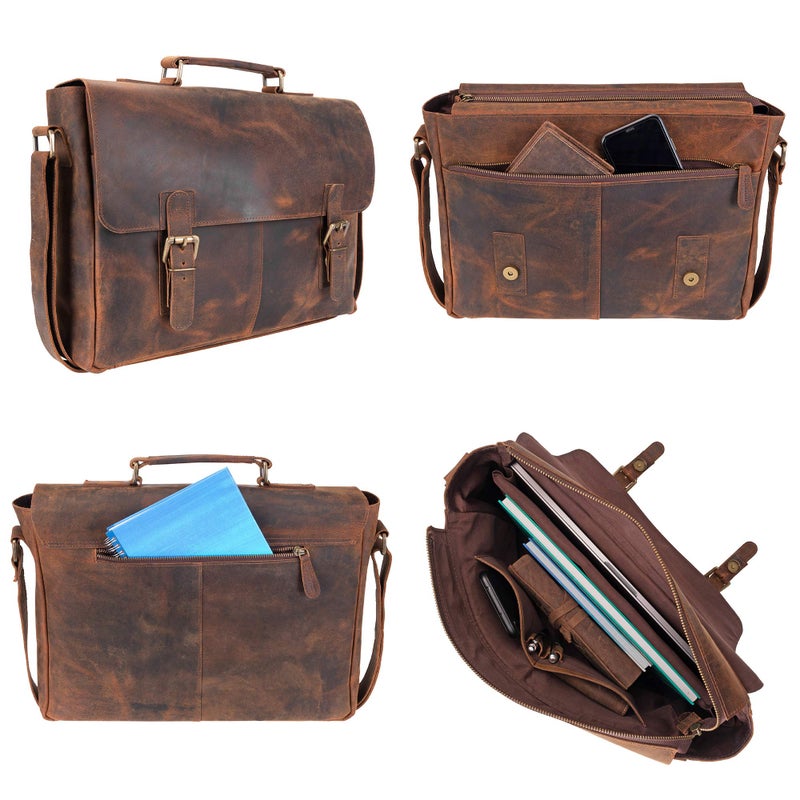 moonster Leather Messenger Bag for Men, Rustic Messenger Bag for Women â€“ Handmade Full Grain Leather Bag for Men - Distressed Buffalo Leather â€“ 16 Inch Laptop Bag with Padded Compartment Pockets - Image 5